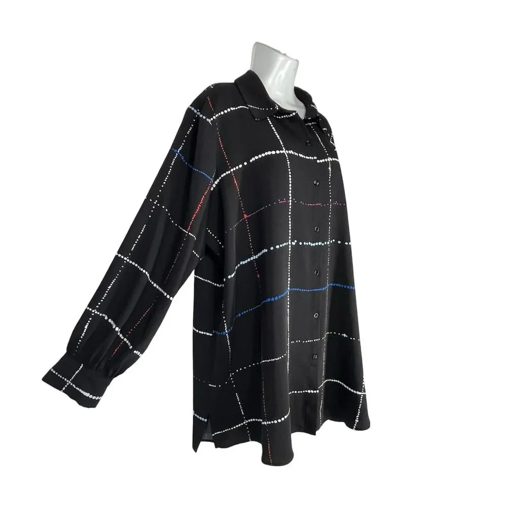 Investments Woman 2X Button Shirt Black Dotted Windowpane Long Sleeve Top Career